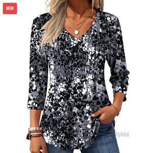 3/4 Sleeve V-Neck Pleated Floral Blouse Loose Fit Polyester Spandex